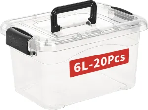 6L*20 Plactic Storage Bins, Stack Tote Storage Box with Handle, Clear, 6L-20 Pack