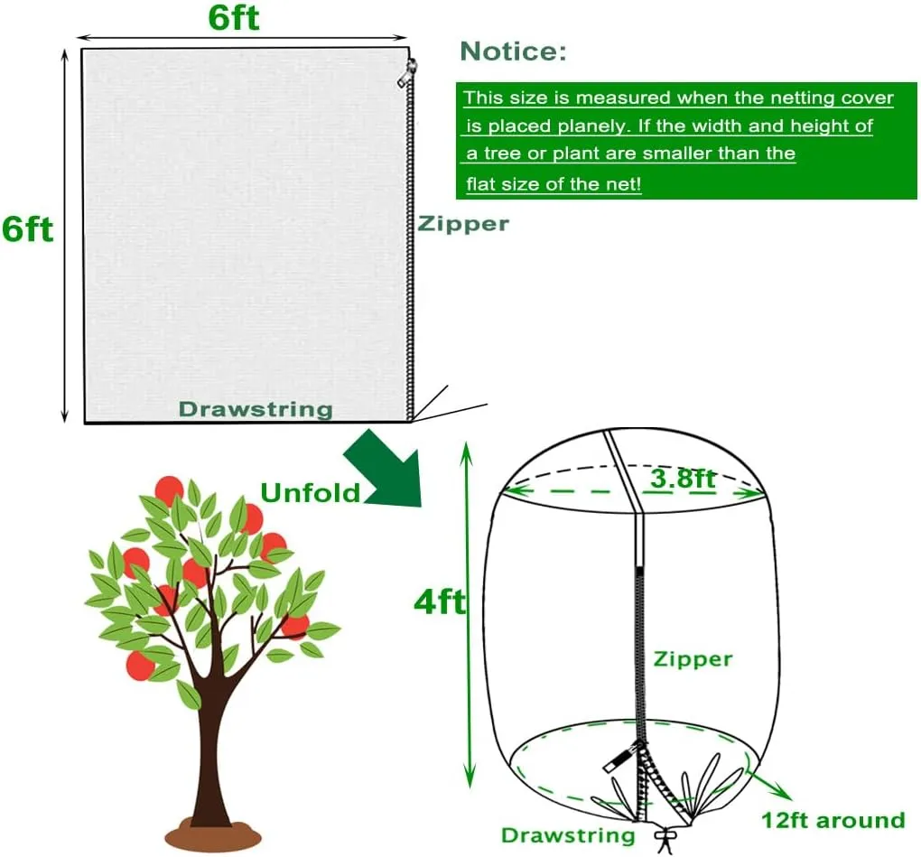 6x6ft 2Packs Fruit Tree Netting Bags for Blueberry Bushes with Zipper and Drawstring,Keep Birds Squirrels Cicadas and Small Fly Out,Ideal Covers for Cherry Fig Peach Apple Trees (6x6ft-2Packs)
