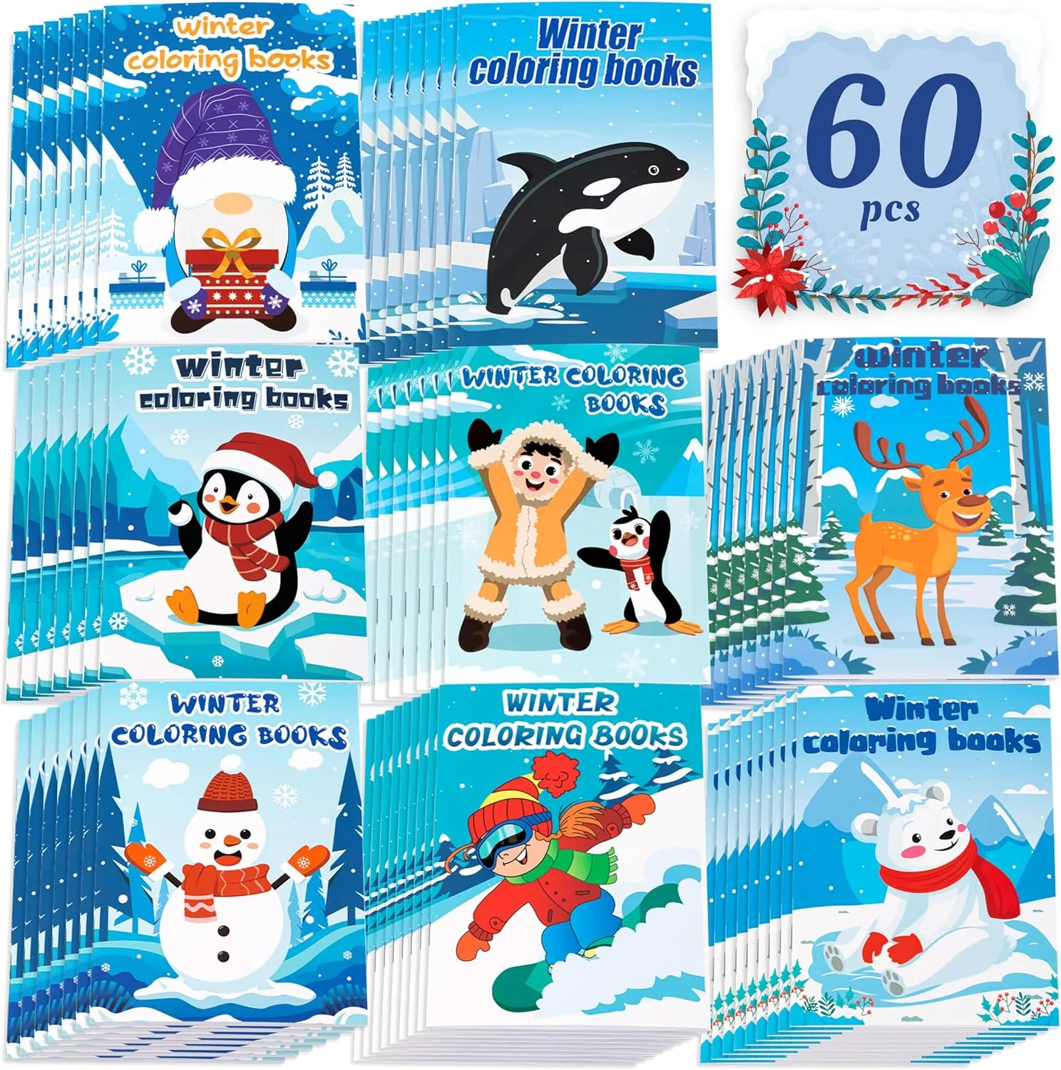 90shine 60PCS Winter Coloring Books for Kids, Christmas Party Favors in Bulk Goodie Bag Stocking Stuffers Gifts Ages 2-4 3-5 4-8