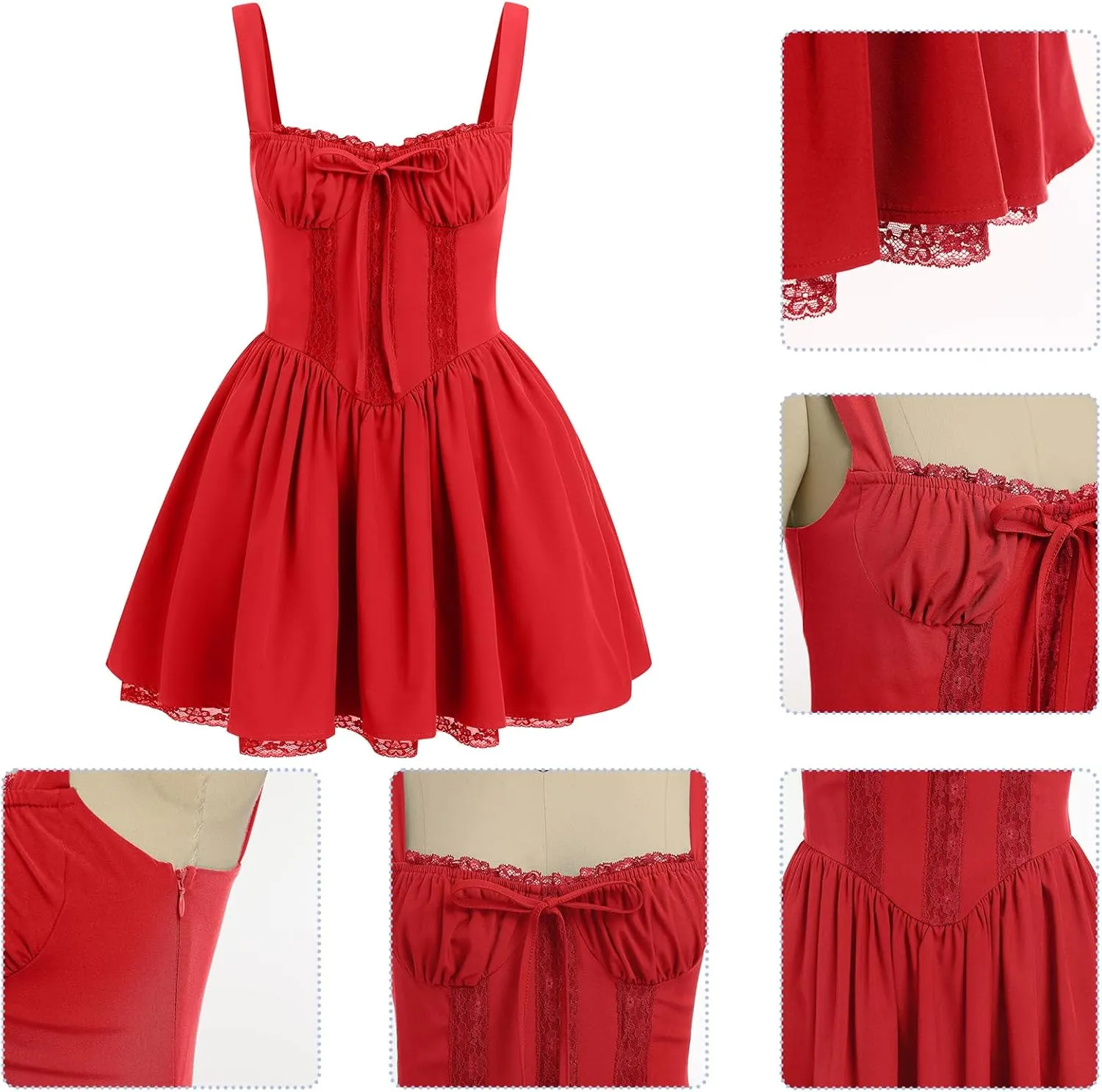 ABAFIP Women's Corset Mini Dress Spaghetti Straps Backless Lace up Low Cut Ruffle Short Dress Sundress