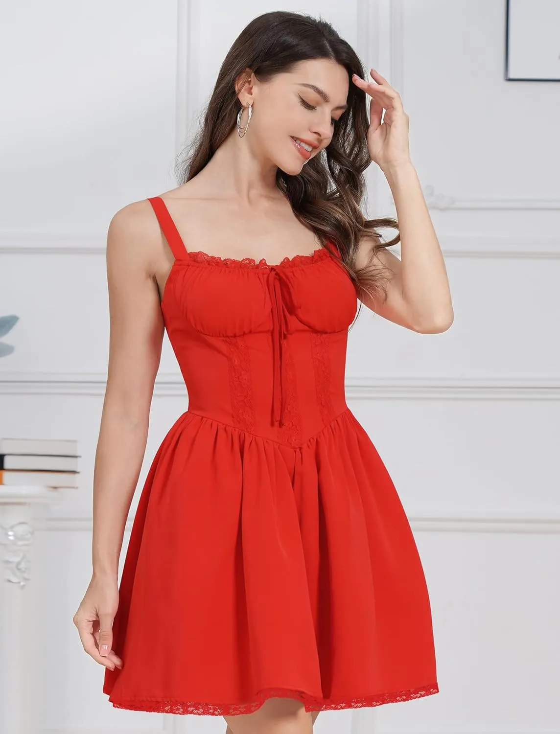 ABAFIP Women's Corset Mini Dress Spaghetti Straps Backless Lace up Low Cut Ruffle Short Dress Sundress