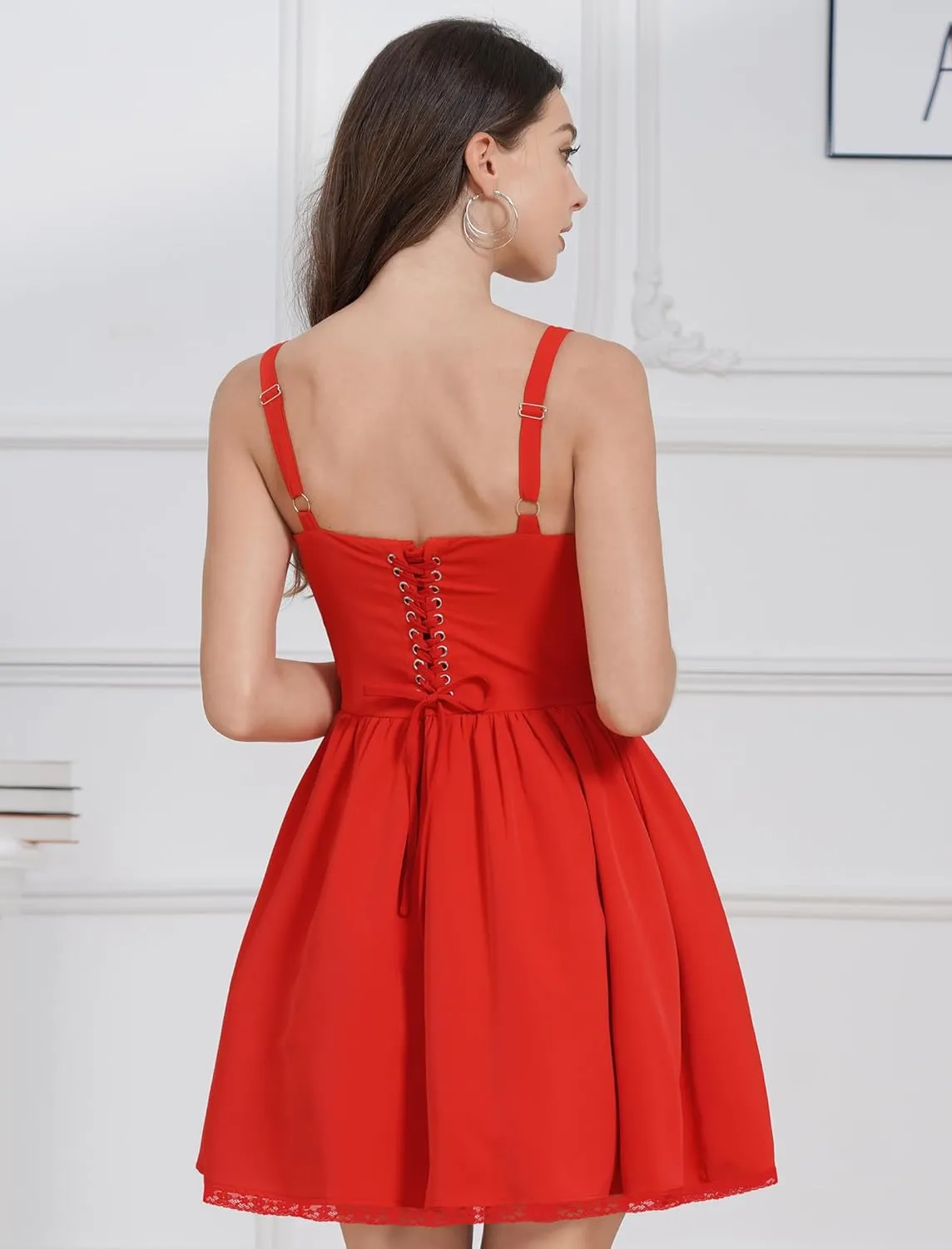 ABAFIP Women's Corset Mini Dress Spaghetti Straps Backless Lace up Low Cut Ruffle Short Dress Sundress