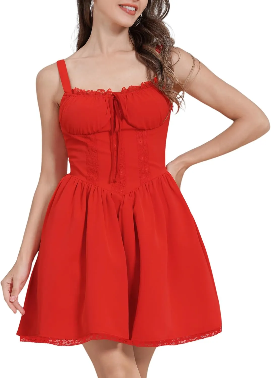 ABAFIP Women's Corset Mini Dress Spaghetti Straps Backless Lace up Low Cut Ruffle Short Dress Sundress