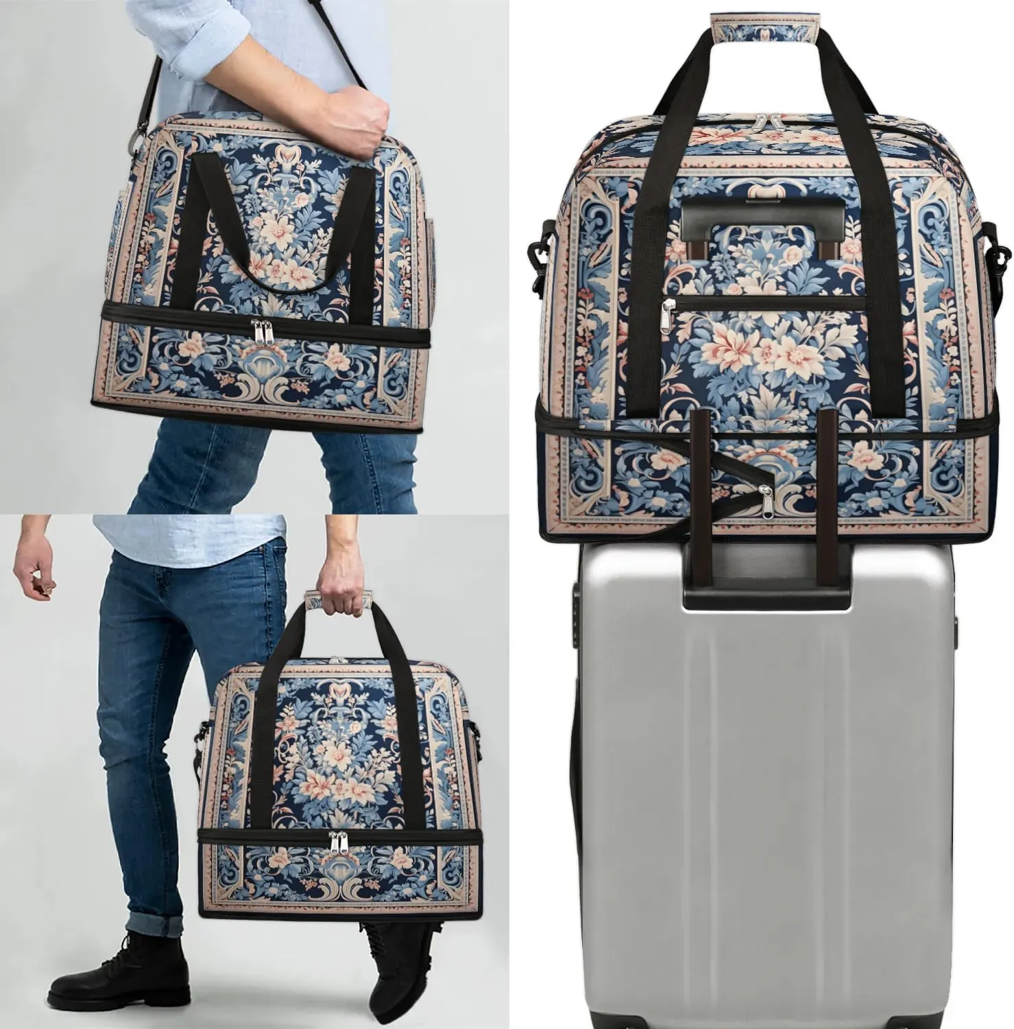 Abstract Boho Retro Print Travel Duffle Bag, Collapsible Travel Bag Sports Gym Bag With Shoes Compartment Weekender Bag Overnight Bag For Women Men