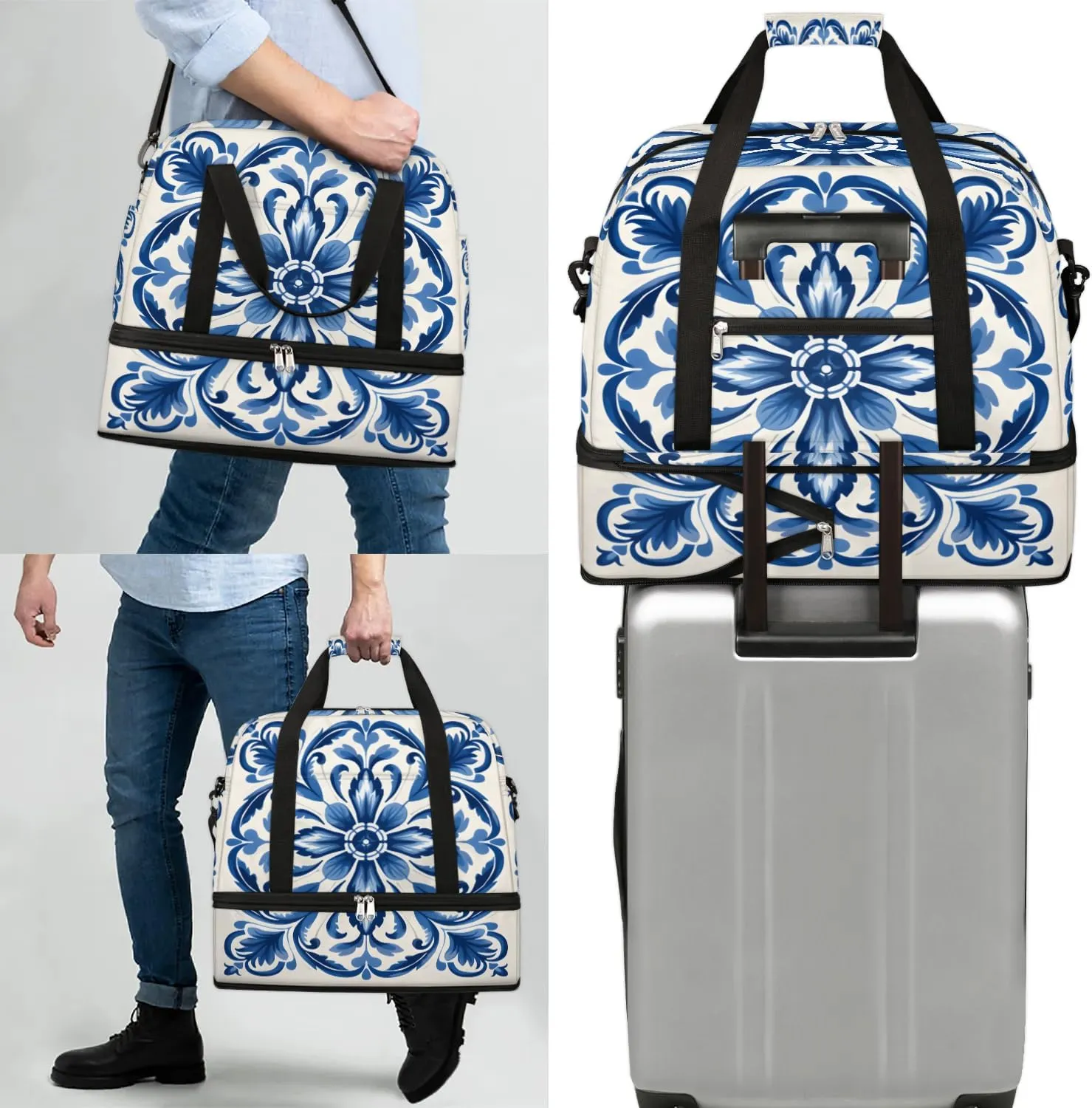 Abstract Retro Flora Print Travel Duffle Bag, Collapsible Travel Bag Sports Gym Bag With Shoes Compartment Weekender Bag Overnight Bag For Women Men