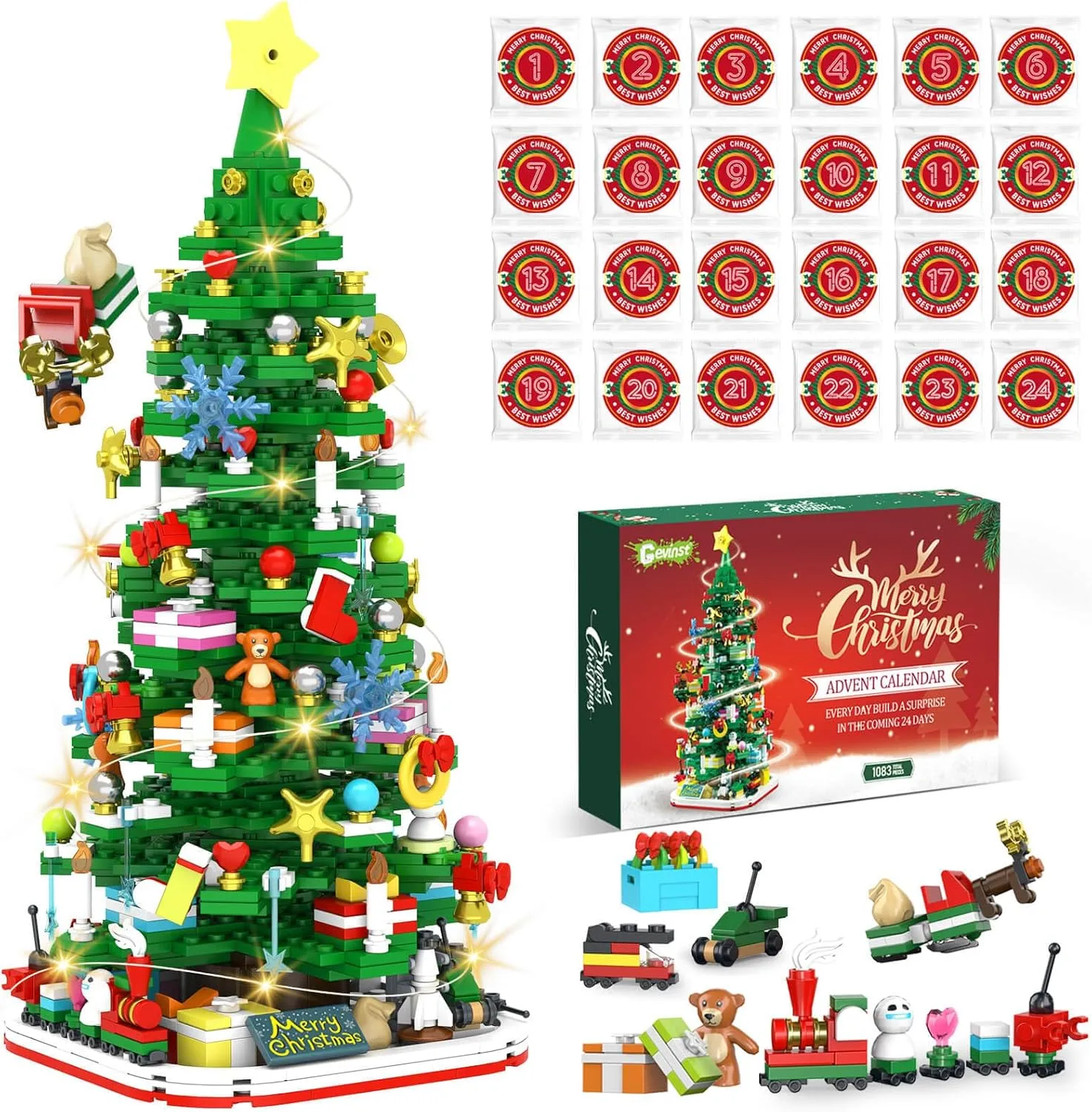 Advent Calendar 2024 Adult Teen Boy Girls Kids Christmas Tree Building Set Toys with Led light, Holiday 24 Days Christmas Countdown Calendars Xmas Tree, Fun Cute Christmas Gifts (1083 PCS)