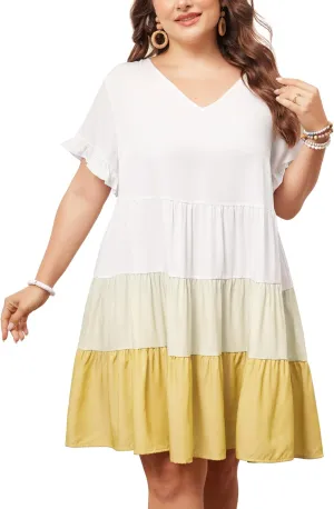 Agnes Orinda Women's Plus Size Babydoll Ruffle Short Sleeve Casual Loose Flowy Swing Hem Chambray V Neck Mini Dress