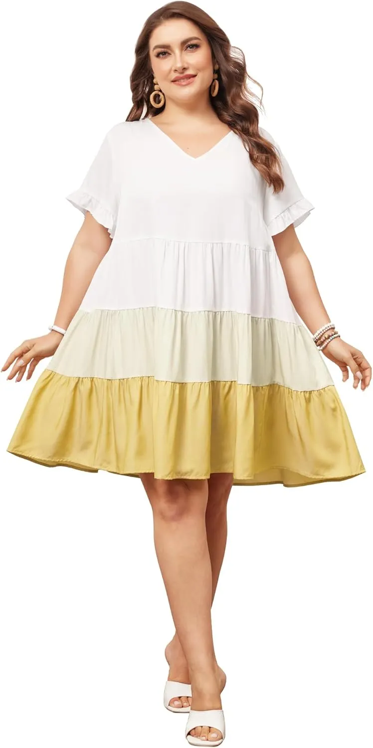 Agnes Orinda Women's Plus Size Babydoll Ruffle Short Sleeve Casual Loose Flowy Swing Hem Chambray V Neck Mini Dress