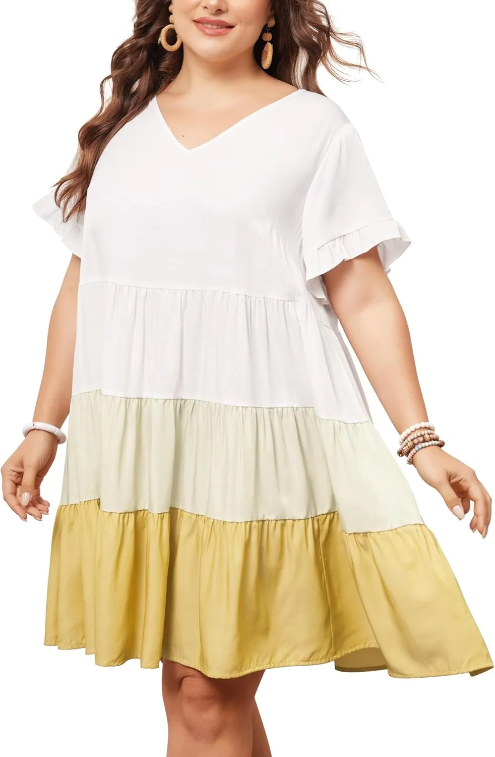 Agnes Orinda Women's Plus Size Babydoll Ruffle Short Sleeve Casual Loose Flowy Swing Hem Chambray V Neck Mini Dress