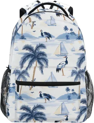 ALAZA Blue Palm Tree Sailboat Crane Pattern Kid's Shool Backpack for Girls Boys,Laptop Travel Backpack for Elementary Middle School Bag Teenagers Bookbag with Comfy Shoulder Starp,16.9" H