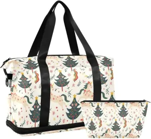 ALAZA Christmas Tree Leaf Unicorn Horse Duffel Bag with Shoe Compartment Tote Bag Weekender Overnight Bag with Wet Pocket for Travel,Gym,Yoga,Swimming