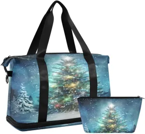 ALAZA Magic Christmas Pine Tree Travel Duffel Bag with Shoe Compartment Tote Bag Weekender Overnight Bag with Wet Pocket for Travel,Gym,Yoga,Swimming
