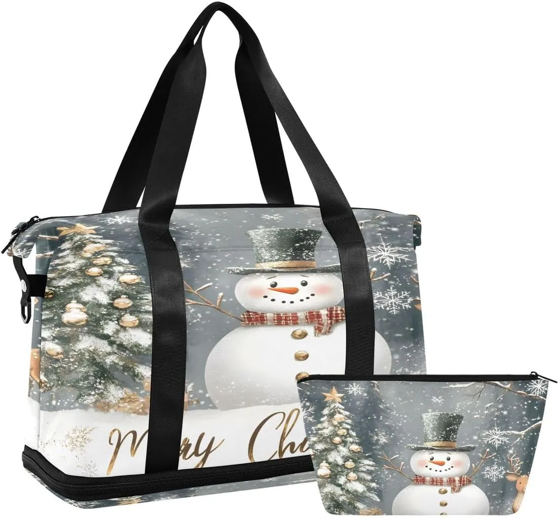 ALAZA Snowman Reindeer Christmas Pine Tree Snowflake Deer Duffel Bag with Shoe Compartment Tote Bag Weekender Overnight Bag with Wet Pocket for Travel,Gym,Yoga,Swimming