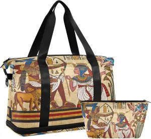 ALAZA Vintage Antique Egyptian Papyrus Hieroglyph Travel Duffel Bag for Women Men Sports Gym Bag with Shoe Compartment Tote Weekender Overnight Bag with Wet Pocket for Travel, Gym,Yoga,Swimming