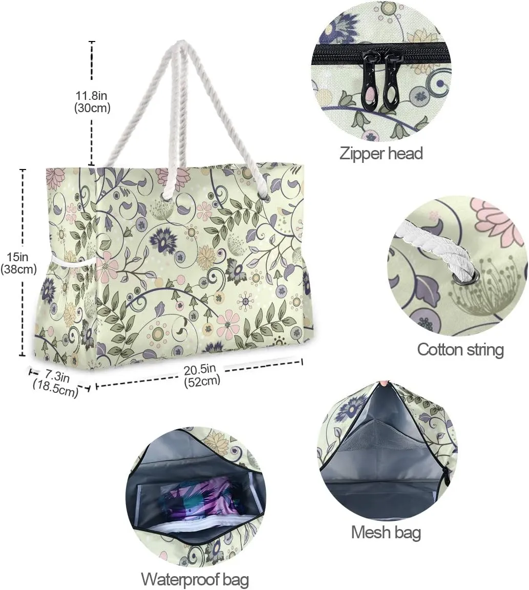 ALAZA Vintage Floral Pattern Shoulder Tote Bags for Gym Travel Beach, Inner Pockets