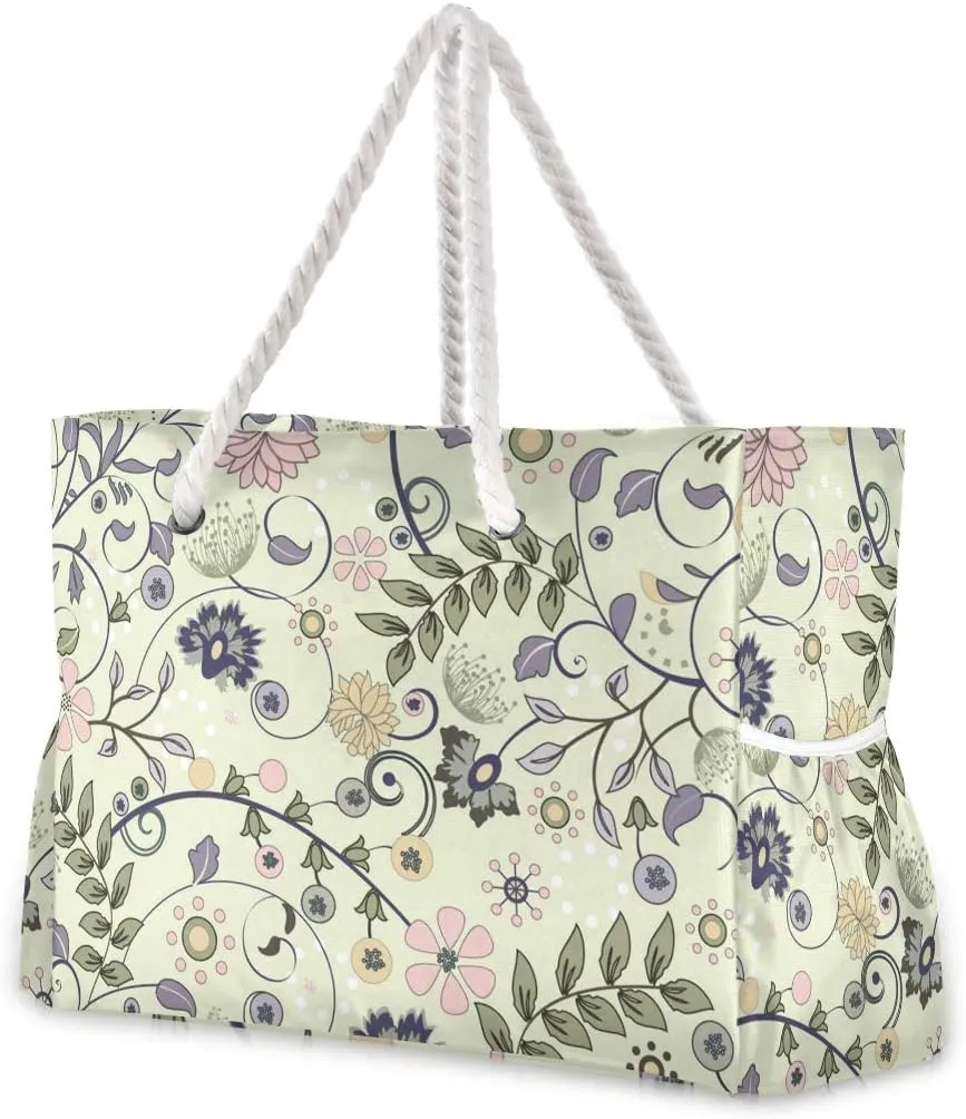 ALAZA Vintage Floral Pattern Shoulder Tote Bags for Gym Travel Beach, Inner Pockets