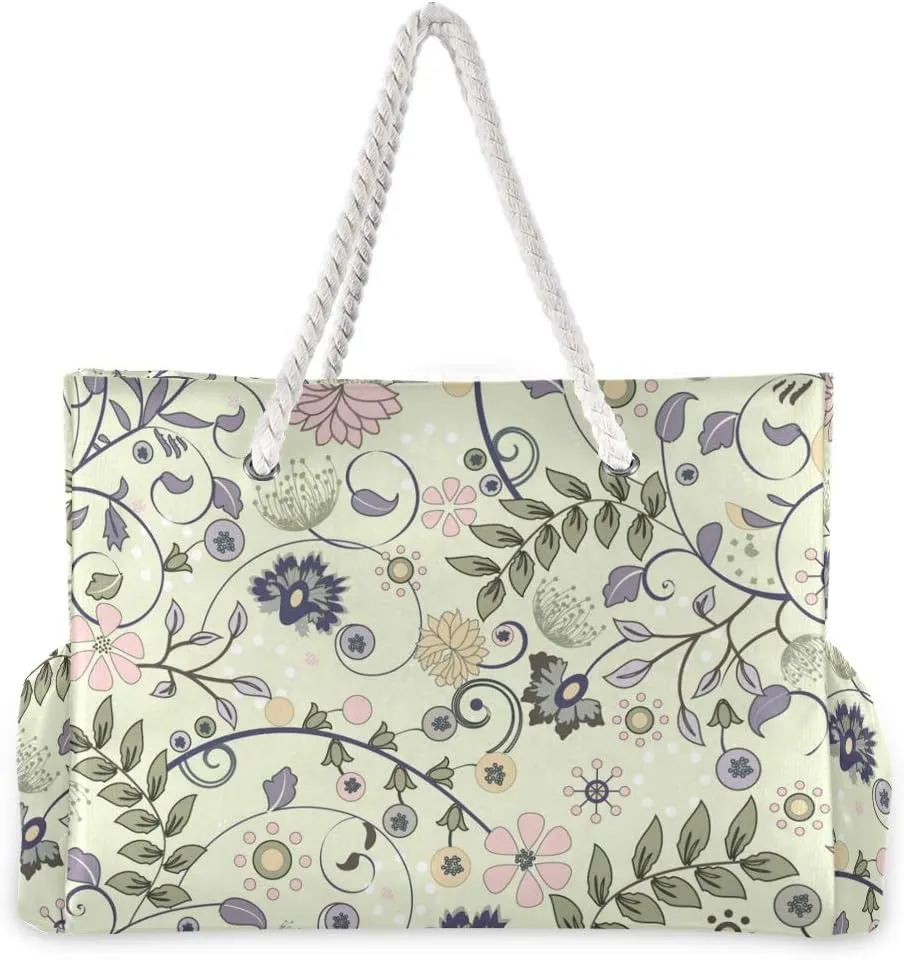 ALAZA Vintage Floral Pattern Shoulder Tote Bags for Gym Travel Beach, Inner Pockets