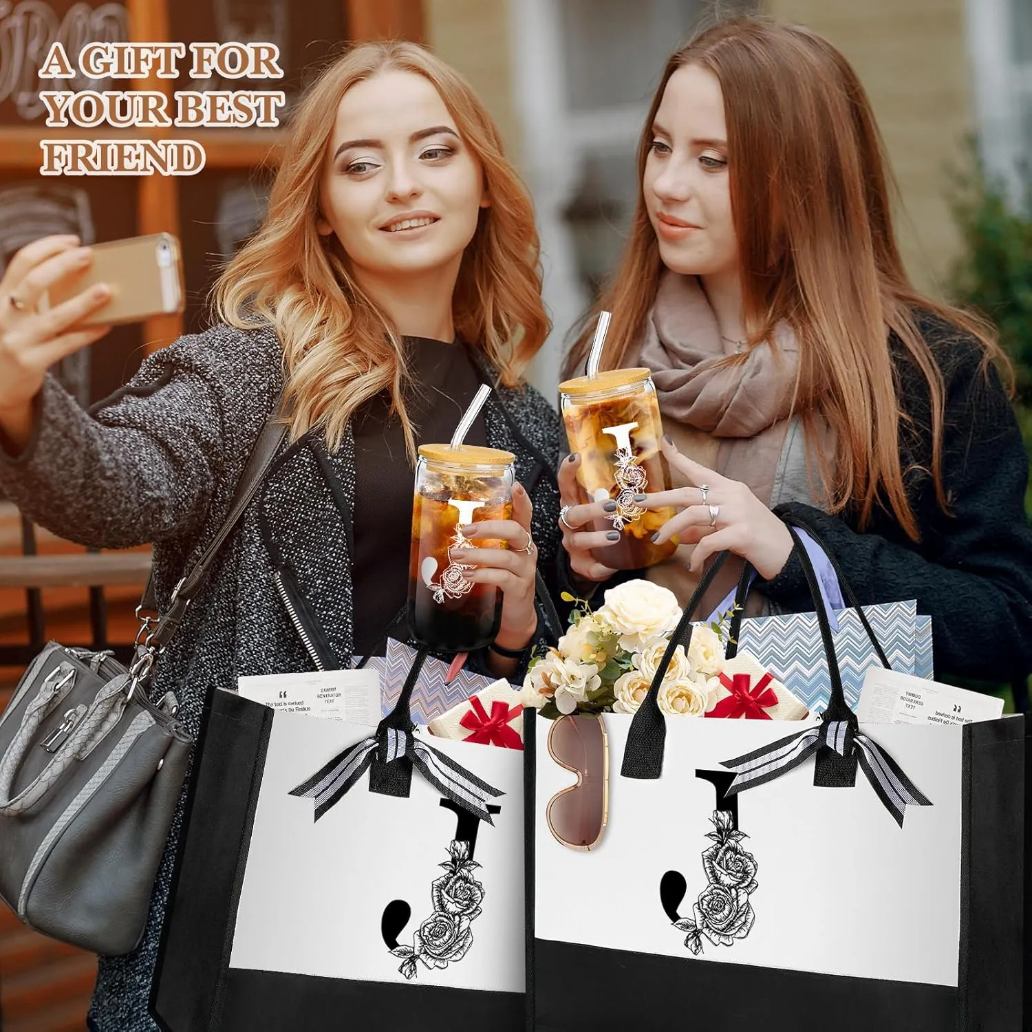 Aliceset Initial Gifts for Women Monogram Canvas Tote Bag and Makeup with Zipper and Initial Glass Coffee Cup Gifts for Her