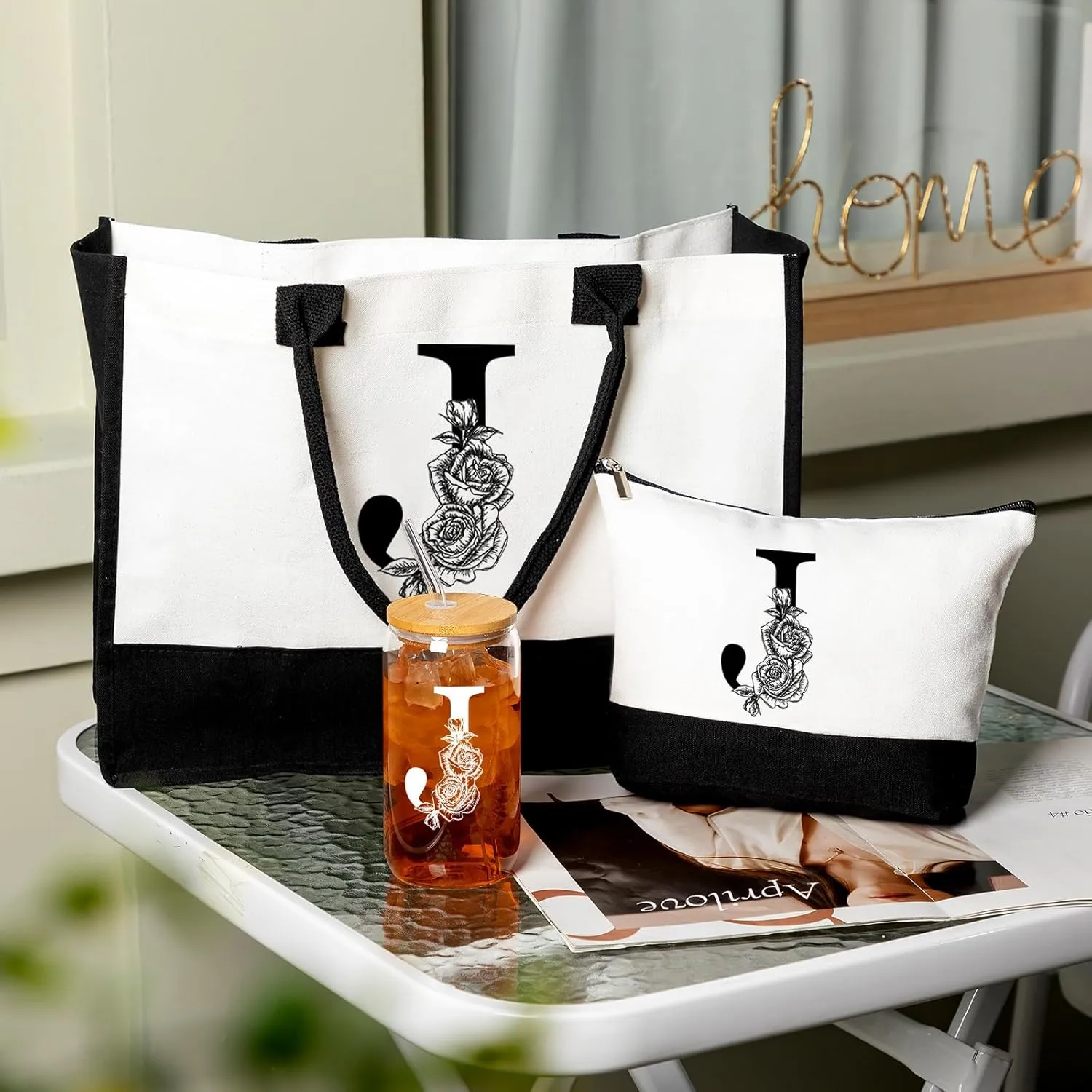 Aliceset Initial Gifts for Women Monogram Canvas Tote Bag and Makeup with Zipper and Initial Glass Coffee Cup Gifts for Her