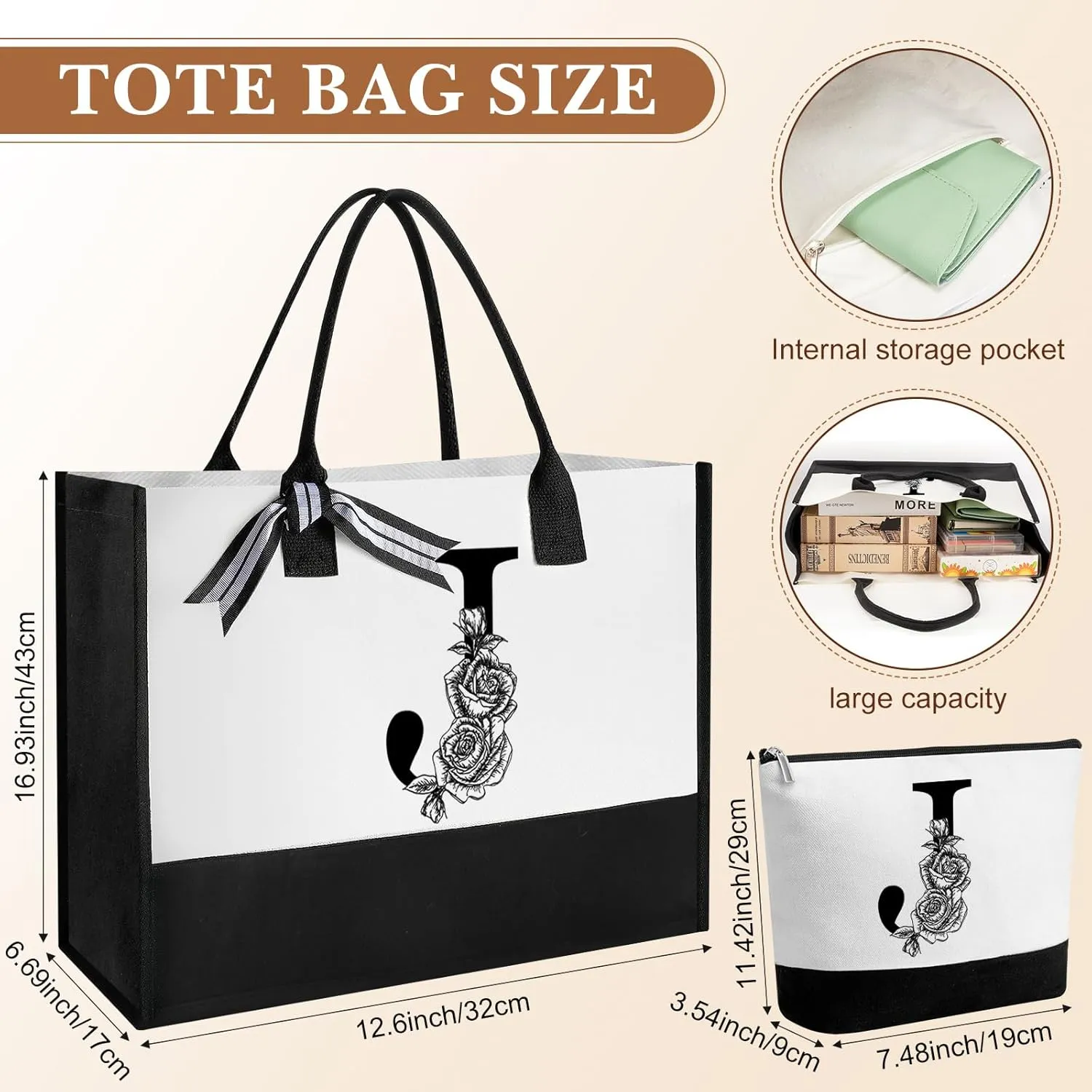 Aliceset Initial Gifts for Women Monogram Canvas Tote Bag and Makeup with Zipper and Initial Glass Coffee Cup Gifts for Her