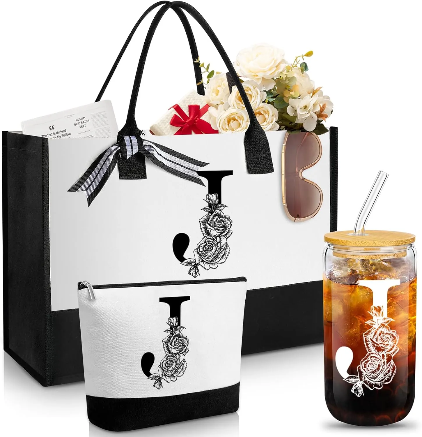 Aliceset Initial Gifts for Women Monogram Canvas Tote Bag and Makeup with Zipper and Initial Glass Coffee Cup Gifts for Her