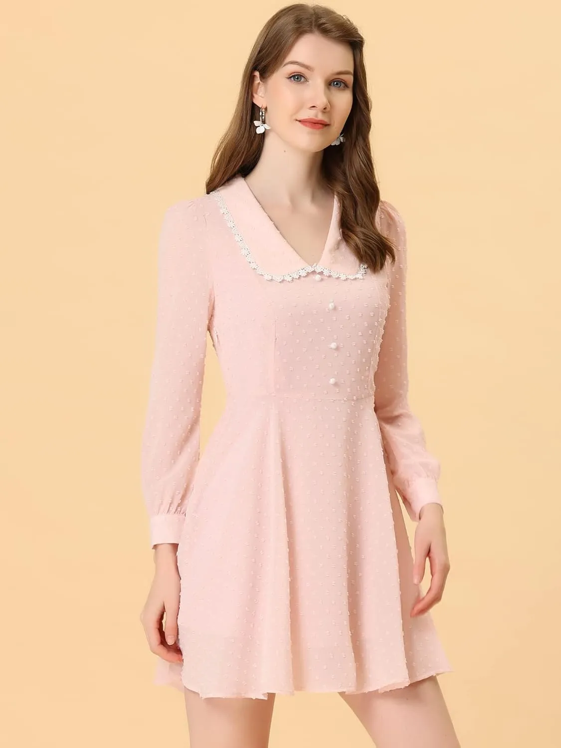 Allegra K Women's Peter Pan Collar Crochet Trim Long Sleeve Swiss Dots Retro Mini Dress