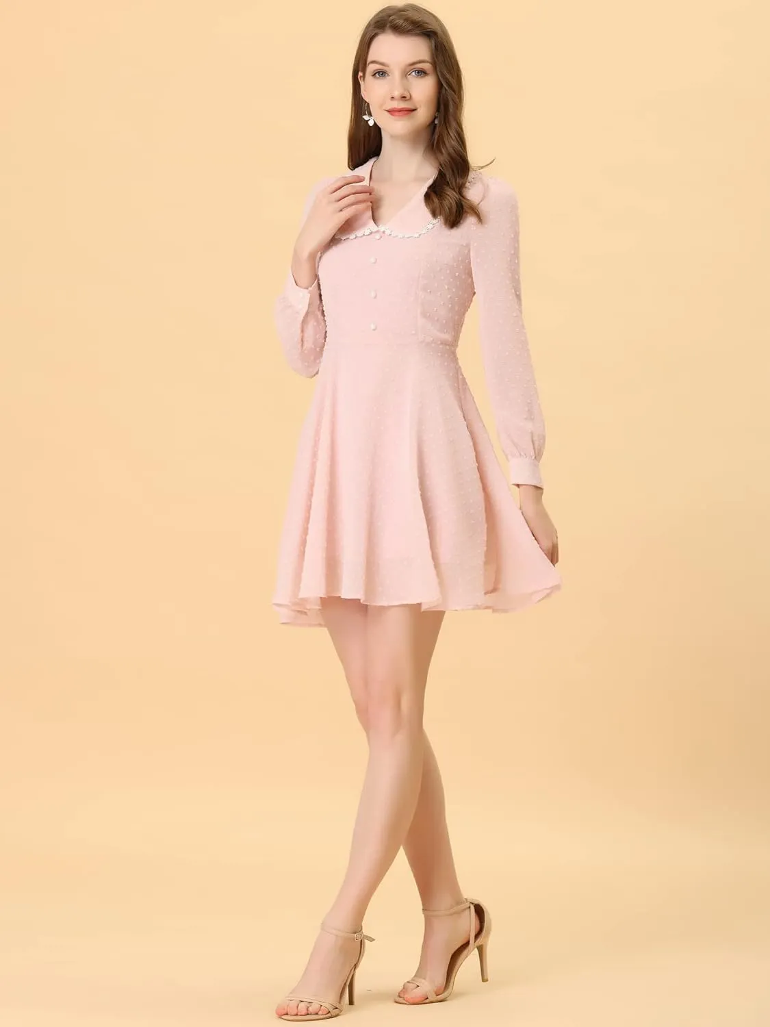 Allegra K Women's Peter Pan Collar Crochet Trim Long Sleeve Swiss Dots Retro Mini Dress