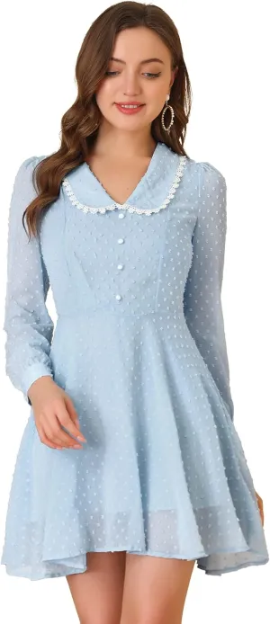 Allegra K Women's Peter Pan Collar Crochet Trim Long Sleeve Swiss Dots Retro Mini Dress