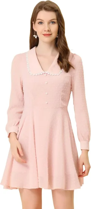 Allegra K Women's Peter Pan Collar Crochet Trim Long Sleeve Swiss Dots Retro Mini Dress