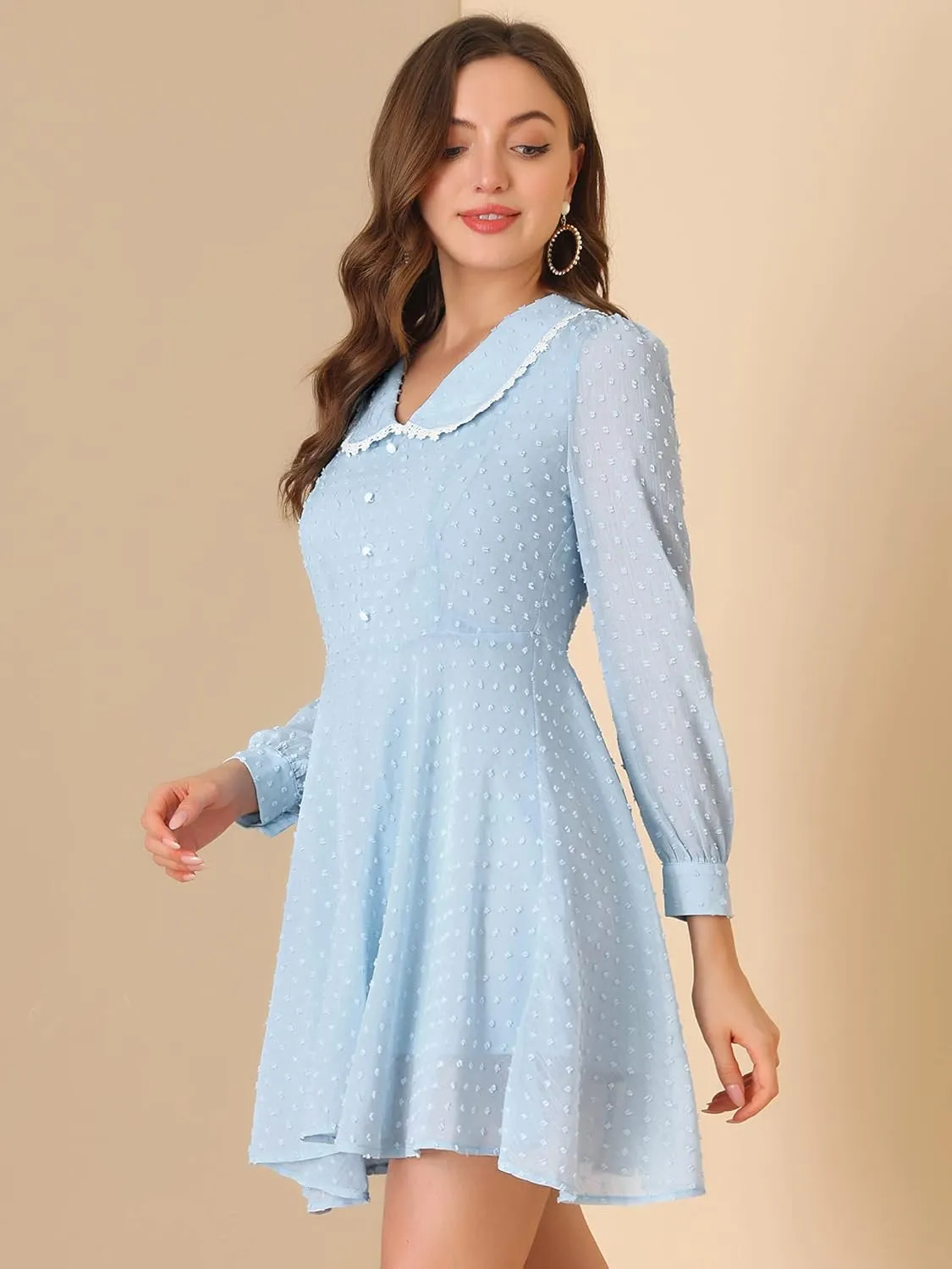 Allegra K Women's Peter Pan Collar Crochet Trim Long Sleeve Swiss Dots Retro Mini Dress