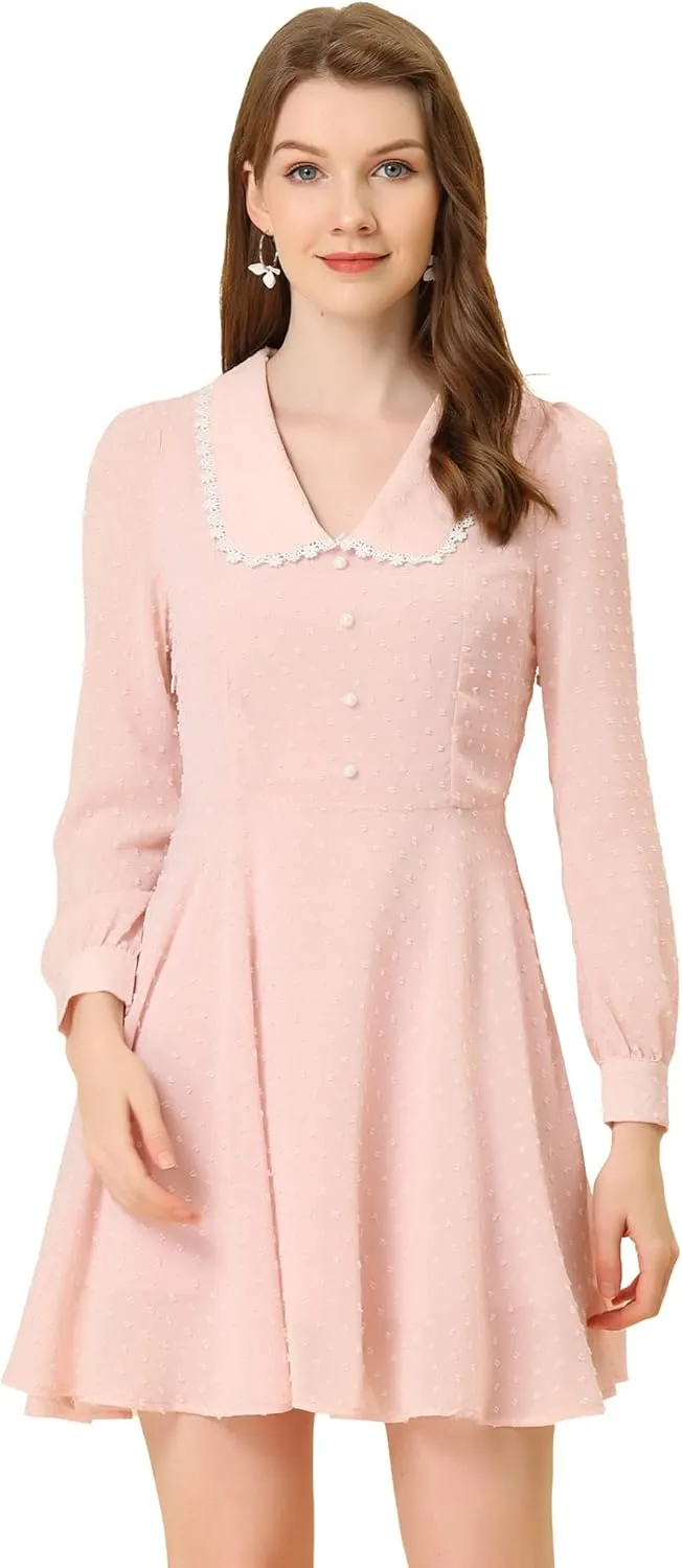 Allegra K Women's Peter Pan Collar Crochet Trim Long Sleeve Swiss Dots Retro Mini Dress