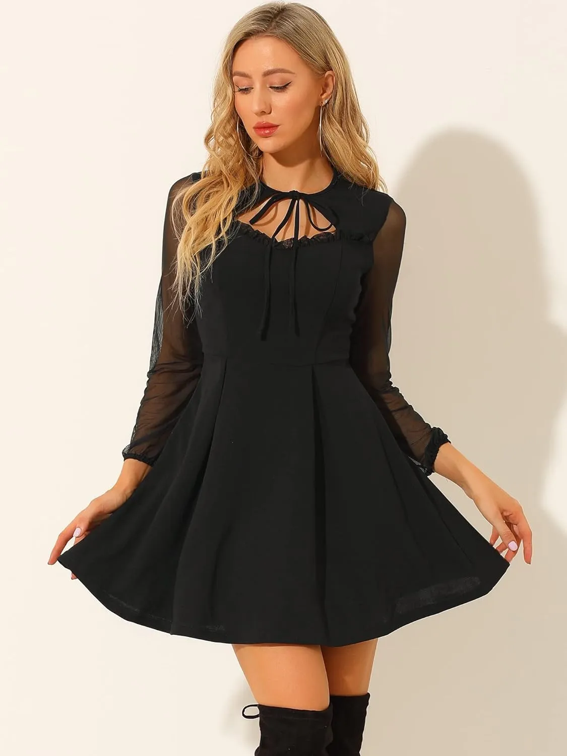 Allegra K Women's Retro Sweetheart Neckine Cutout A-Line Mesh Sleeve Gothic Mini Dress