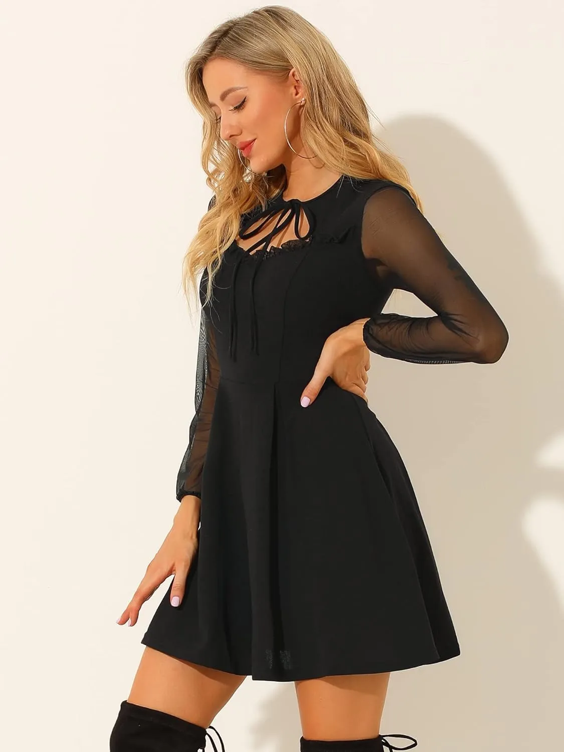 Allegra K Women's Retro Sweetheart Neckine Cutout A-Line Mesh Sleeve Gothic Mini Dress