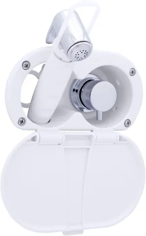 Ambassador Marine Aidack- Transom Shower (Hot/Cold Mixer), Arctic White Cup & Lid, Hammer-Head Arctic White Sprayer, 6' Stainless Steel Hose, Chrome Aidack Handle - 136-1716-AW-W