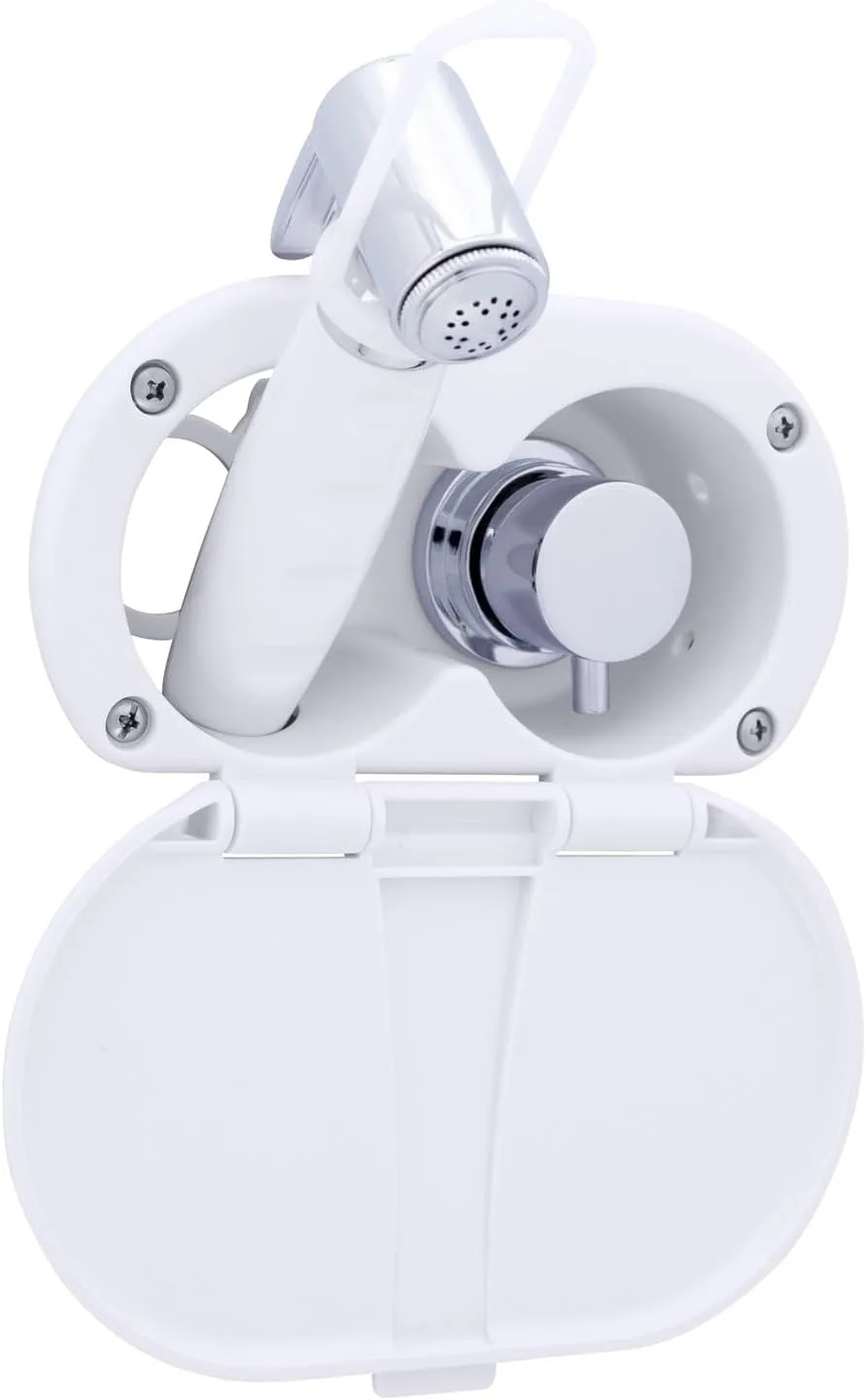 Ambassador Marine Aidack- Transom Shower (Hot/Cold Mixer), Arctic White Cup & Lid, Hammer-Head Arctic White Sprayer, 6' Stainless Steel Hose, Chrome Aidack Handle - 136-1716-AW-W
