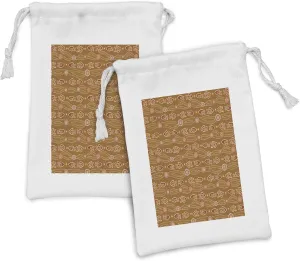 Ambesonne Aboriginal Fabric Pouch Set of 2, Colorful Dotted Waves and Motifs Pattern, Small Drawstring Bag for Toiletries Masks and Favors, 9" x 6", Caramel Burgundy