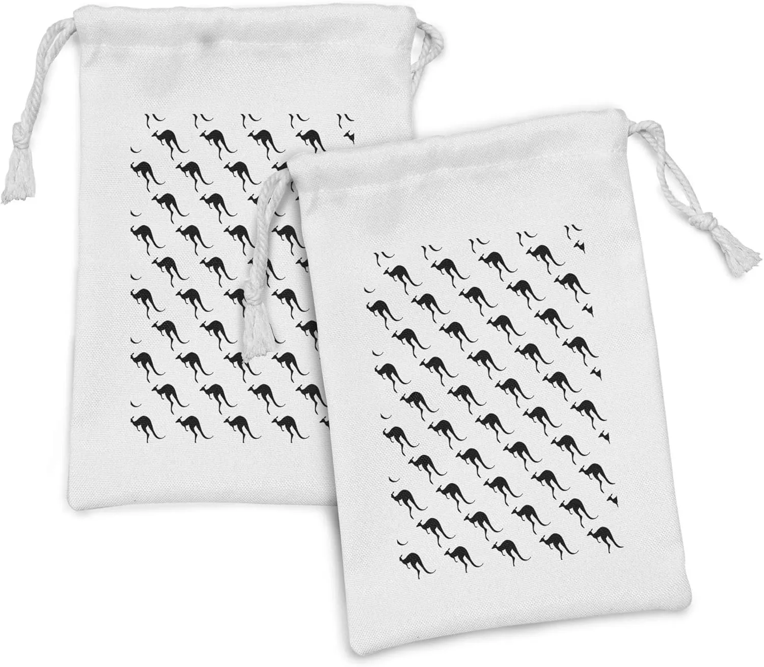 Ambesonne Aboriginal Fabric Pouch Set of 2, Monochromatic Pattern with Silhouette Style Kangaroo Animal Print, Small Drawstring Bag for Toiletries Masks and Favors, 9" x 6", Charcoal Grey and White