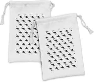 Ambesonne Aboriginal Fabric Pouch Set of 2, Monochromatic Pattern with Silhouette Style Kangaroo Animal Print, Small Drawstring Bag for Toiletries Masks and Favors, 9" x 6", Charcoal Grey and White