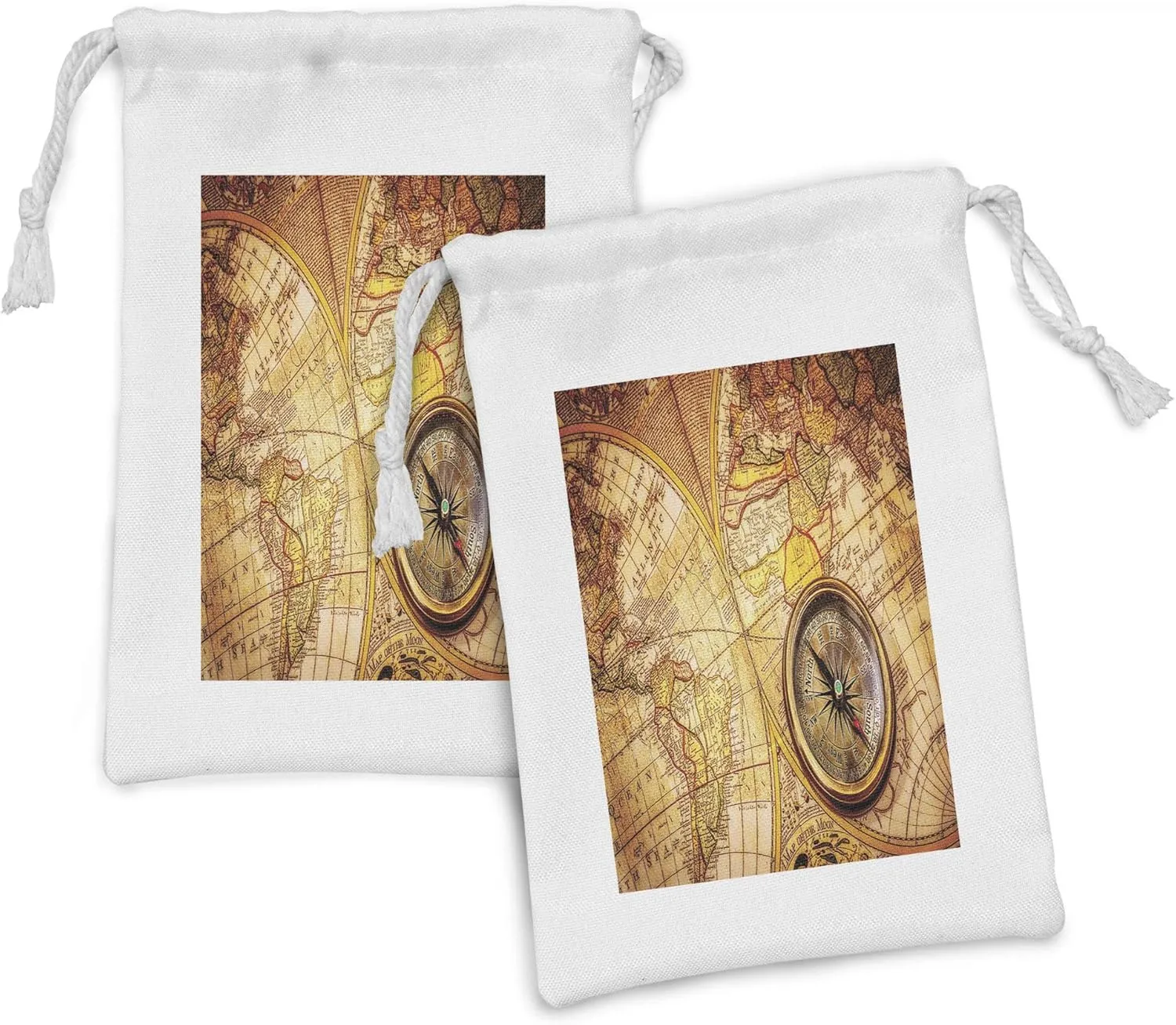 Ambesonne Antique Fabric Pouch Set of 2, Compass on an World Map Historic Borders Century-Old Antiquity Theme, Small Drawstring Bag for Toiletries Masks and Favors, 9" x 6", Yellow Orange