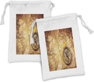 Ambesonne Antique Fabric Pouch Set of 2, Compass on an World Map Historic Borders Century-Old Antiquity Theme, Small Drawstring Bag for Toiletries Masks and Favors, 9" x 6", Yellow Orange