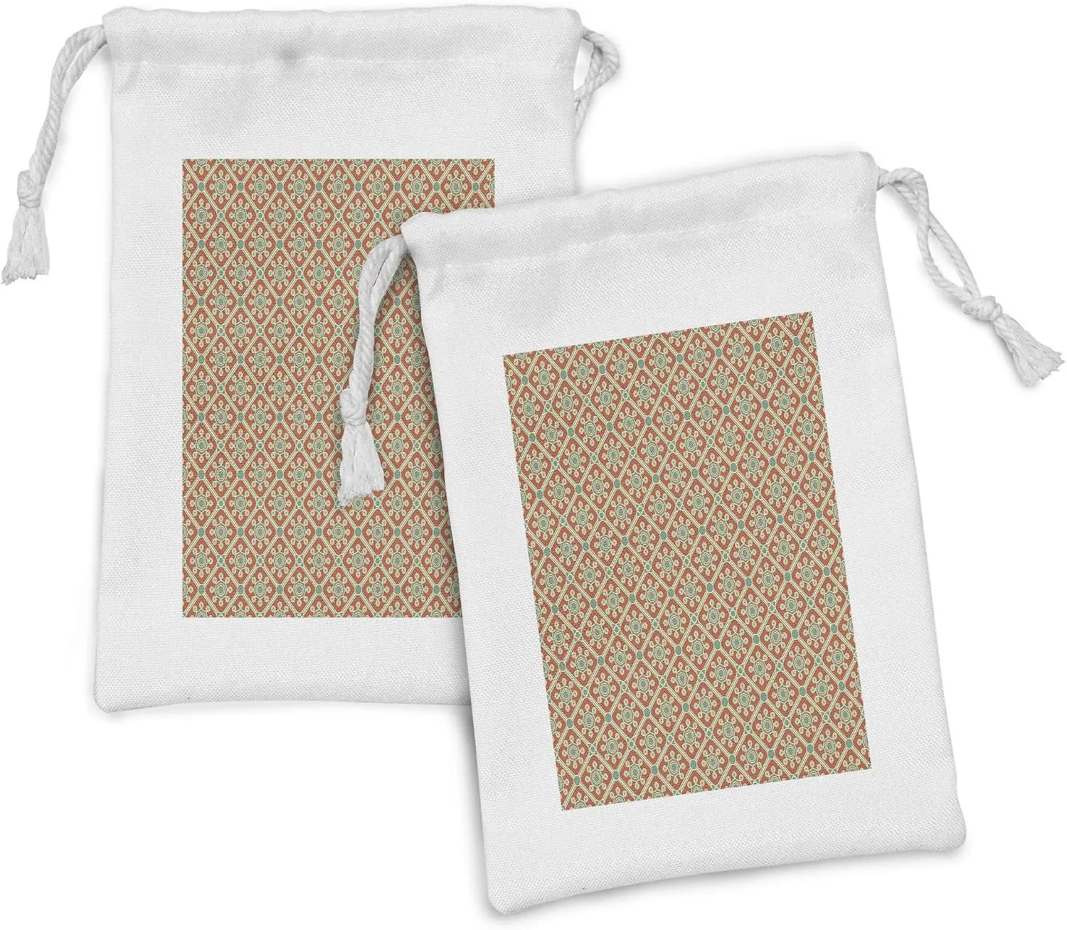 Ambesonne Antique Fabric Pouch Set of 2, Swirled Leaves and Petals Symbolic Dotted Artwork Old Fashioned, Small Drawstring Bag for Toiletries Masks and Favors, 9" x 6", Orange Reseda Green