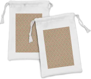 Ambesonne Antique Fabric Pouch Set of 2, Swirled Leaves and Petals Symbolic Dotted Artwork Old Fashioned, Small Drawstring Bag for Toiletries Masks and Favors, 9" x 6", Orange Reseda Green
