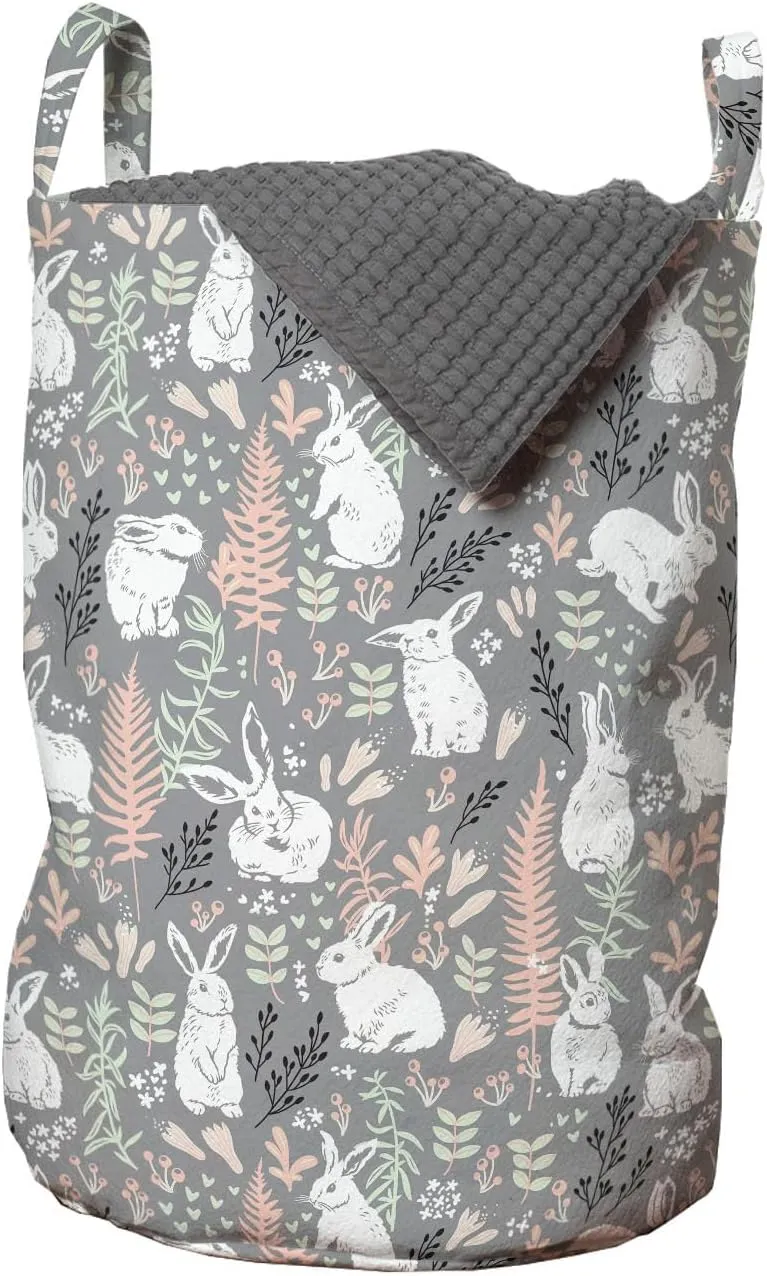 Ambesonne Bunny Laundry Bag Pack of 2, Nature Inspired Pattern Drawn by Hand with White Hares Hearts and Floral Elements, Hamper Basket with Handles Drawstring Closure, 13" x 19", Multicolor