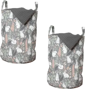 Ambesonne Bunny Laundry Bag Pack of 2, Nature Inspired Pattern Drawn by Hand with White Hares Hearts and Floral Elements, Hamper Basket with Handles Drawstring Closure, 13" x 19", Multicolor