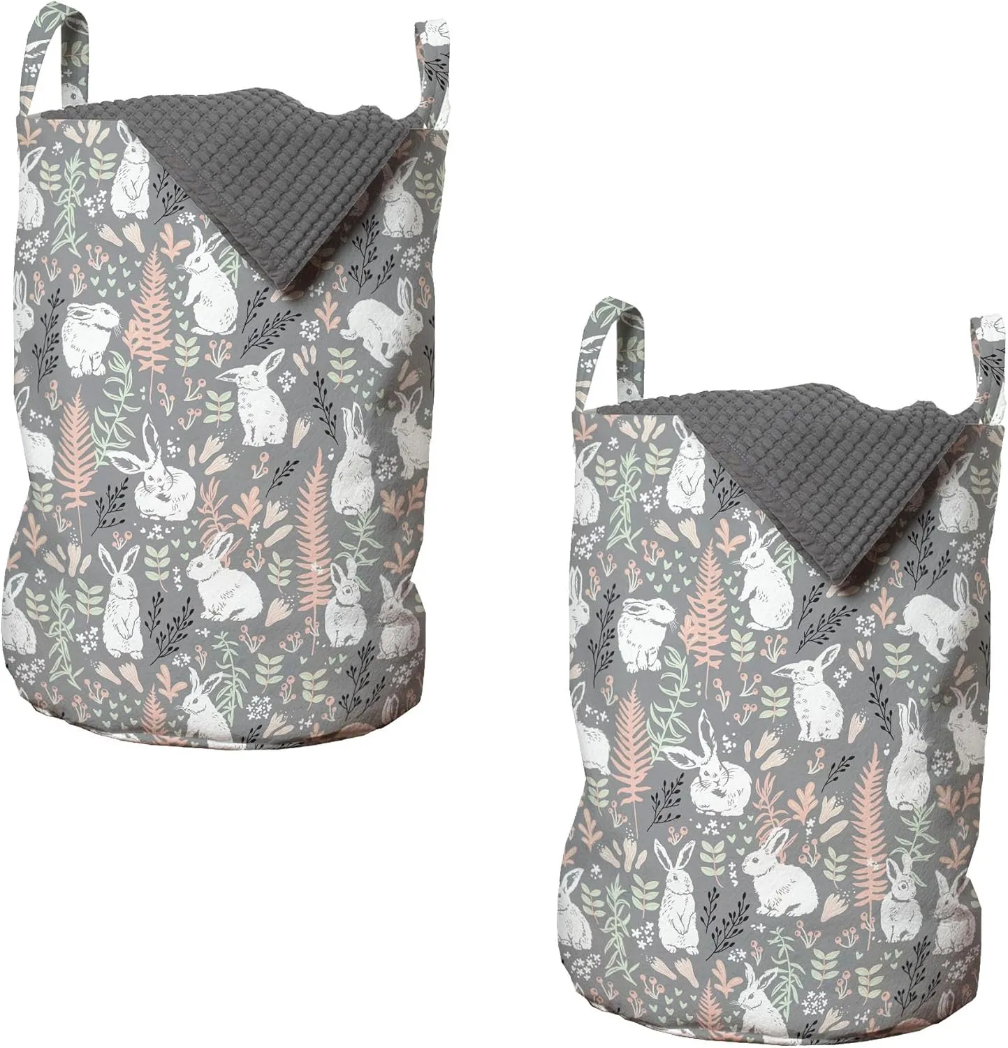 Ambesonne Bunny Laundry Bag Pack of 2, Nature Inspired Pattern Drawn by Hand with White Hares Hearts and Floral Elements, Hamper Basket with Handles Drawstring Closure, 13" x 19", Multicolor