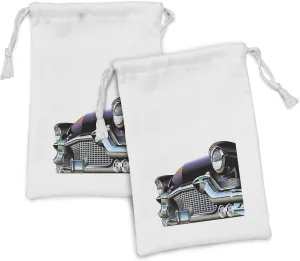 Ambesonne Cars Fabric Pouch Set of 2, Old Fashioned Automobile Old Timer Antique American Collector's Vehicle, Small Drawstring Bag for Toiletries Masks and Favors, 9" x 6", Black Pale Blue Orange