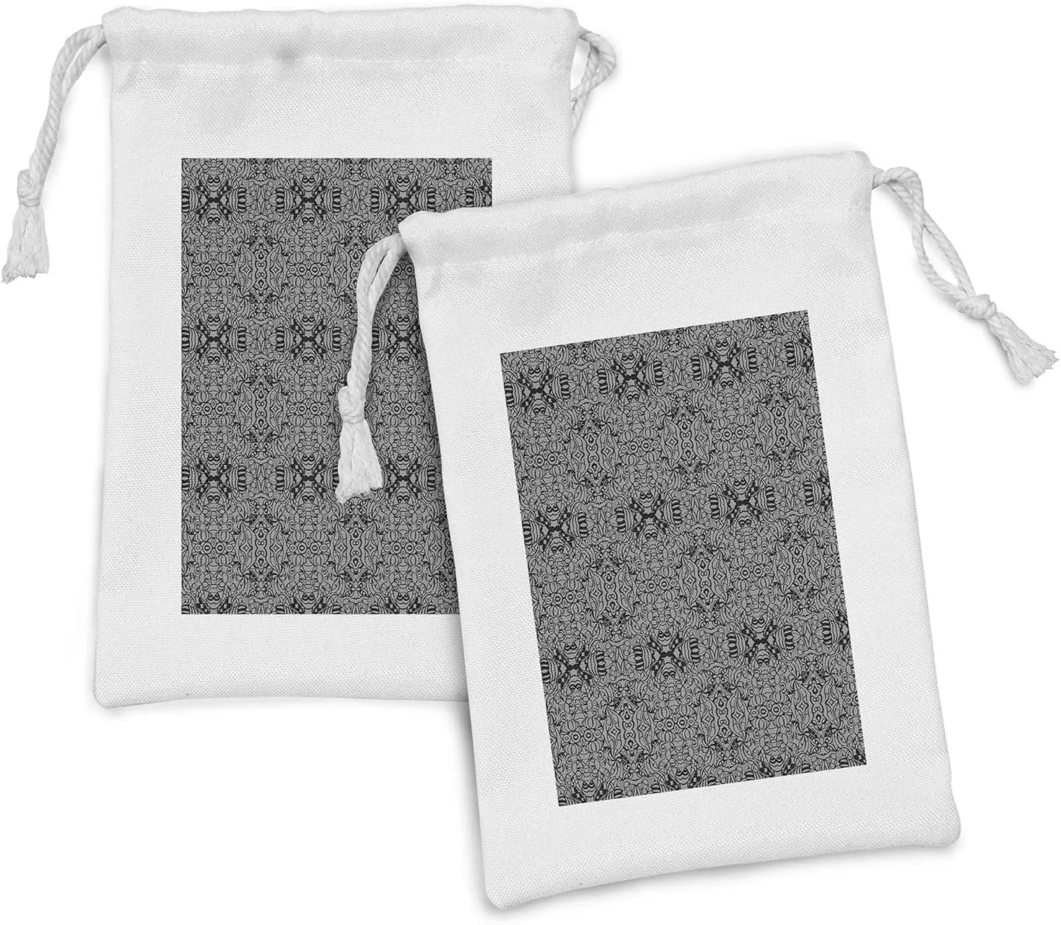 Ambesonne Dark Grey Fabric Pouch Set of 2, Abstract Antique Pattern with Curves and Swirls Renaissance Revival Vintage, Small Drawstring Bag for Toiletries Masks and Favors, 9" x 6", Pale Grey Black
