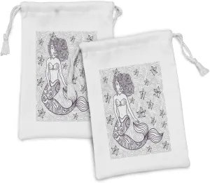 Ambesonne Mermaid Fabric Pouch Set of 2, Fictional Woman in Waves Shell Flower Nymph Mythological Art Print, Small Drawstring Bag for Toiletries Masks and Favors, 9" x 6", Grey