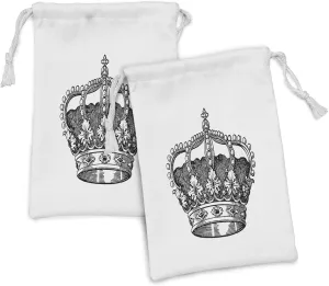 Ambesonne Queen Fabric Pouch Set of 2, Antique Royal Crown Kingdom Emperor Ruler Czar Monarchy Authority, Small Drawstring Bag for Toiletries Masks and Favors, 9" x 6", Black and White