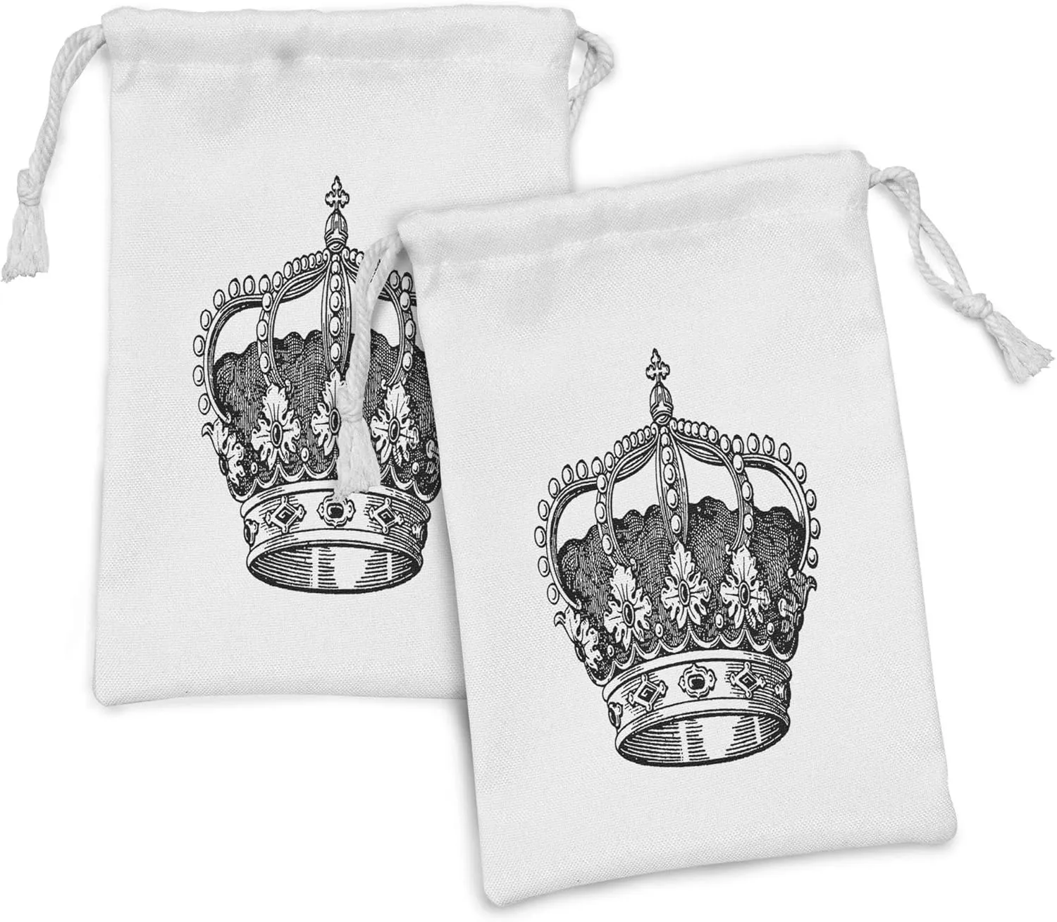 Ambesonne Queen Fabric Pouch Set of 2, Antique Royal Crown Kingdom Emperor Ruler Czar Monarchy Authority, Small Drawstring Bag for Toiletries Masks and Favors, 9" x 6", Black and White